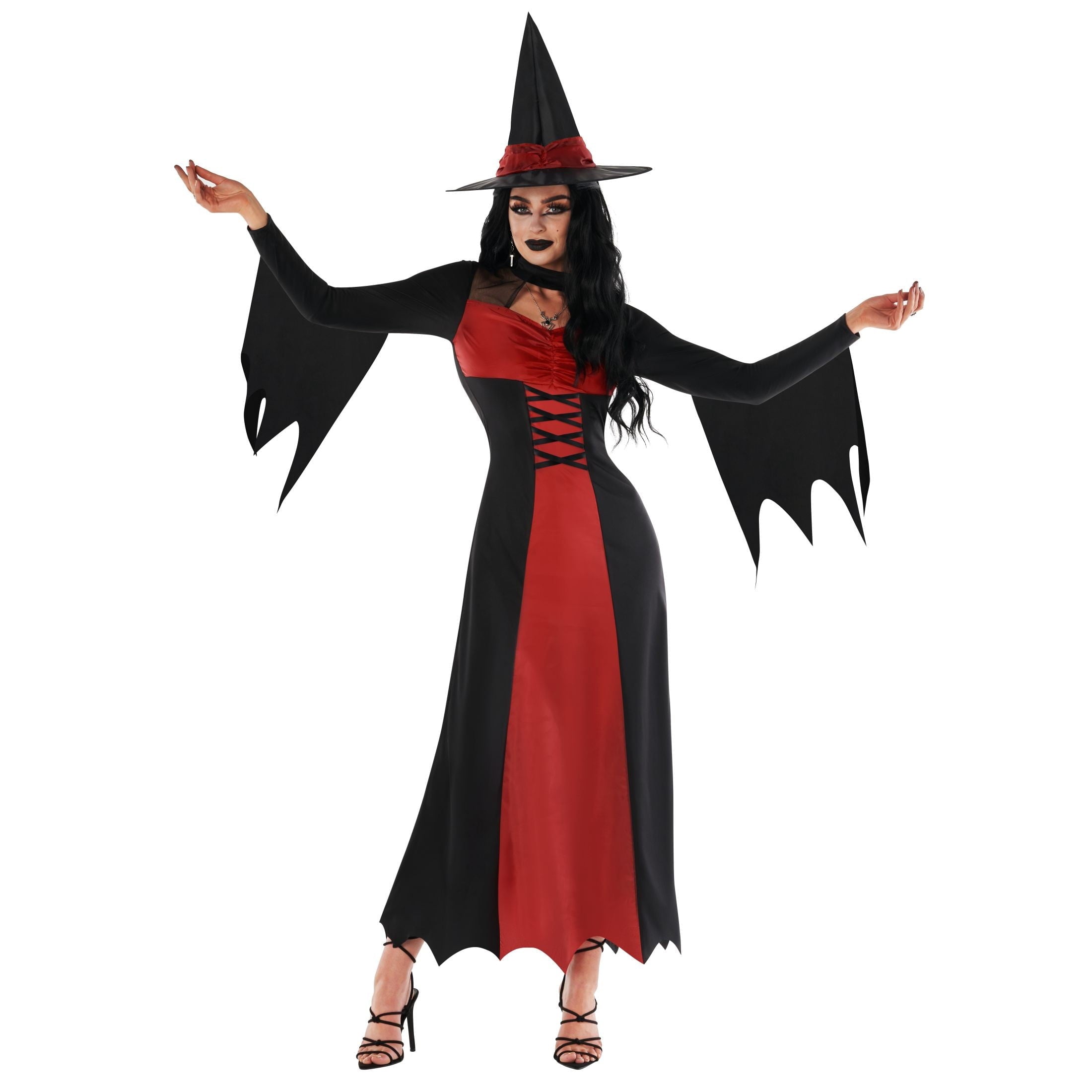 Morph Womens Long Red Witch Costume & Hat Ladies Wicked Halloween Fancy Dress Halloween Red M