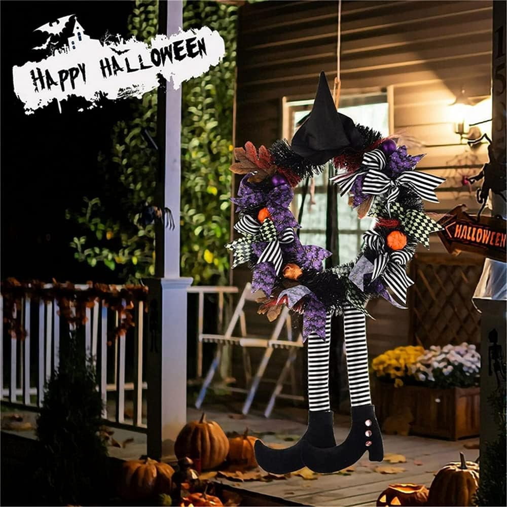 TETOU Halloween Wreaths for Front Door, 27" Witch Wreath Halloween Costumes, Autumn Door Wreath Witch's Hat and Legs Pumpkin Halloween Indoor & Outdoor Wall Decor