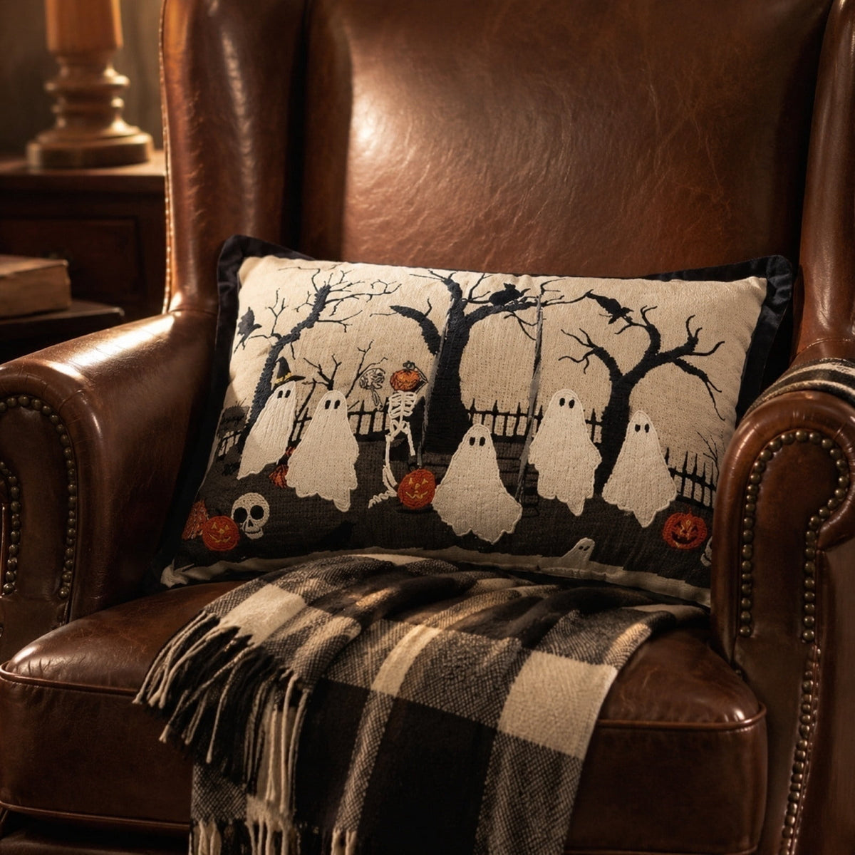 Halloween Ghost Reading Book Throw Pillow Cover, Spooky Library Bookshelf Skull Candlestick Decorative Pillowcase, Retro Halloween Cushion Cover