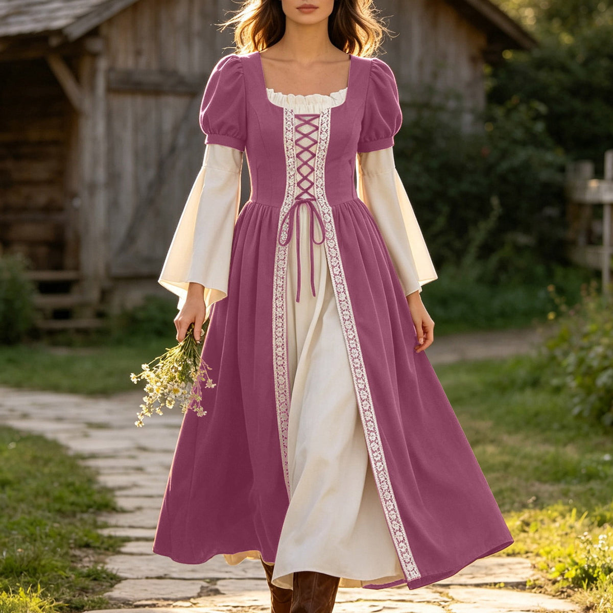 Hurxie Renaissance Costume Women Peasant Medieval Dress Maxi Fairy Dresses with Bell Sleeve Vintage Ren Faire Outfit