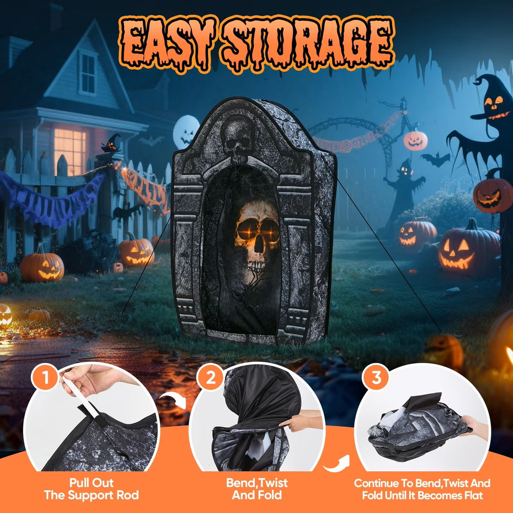 Wondiair 41" Halloween Skull Tombstone with Glowing LED Eyes, Foldable Outdoor Graveyard Decoration for Yard, Lawn, Cemetery & Haunted House