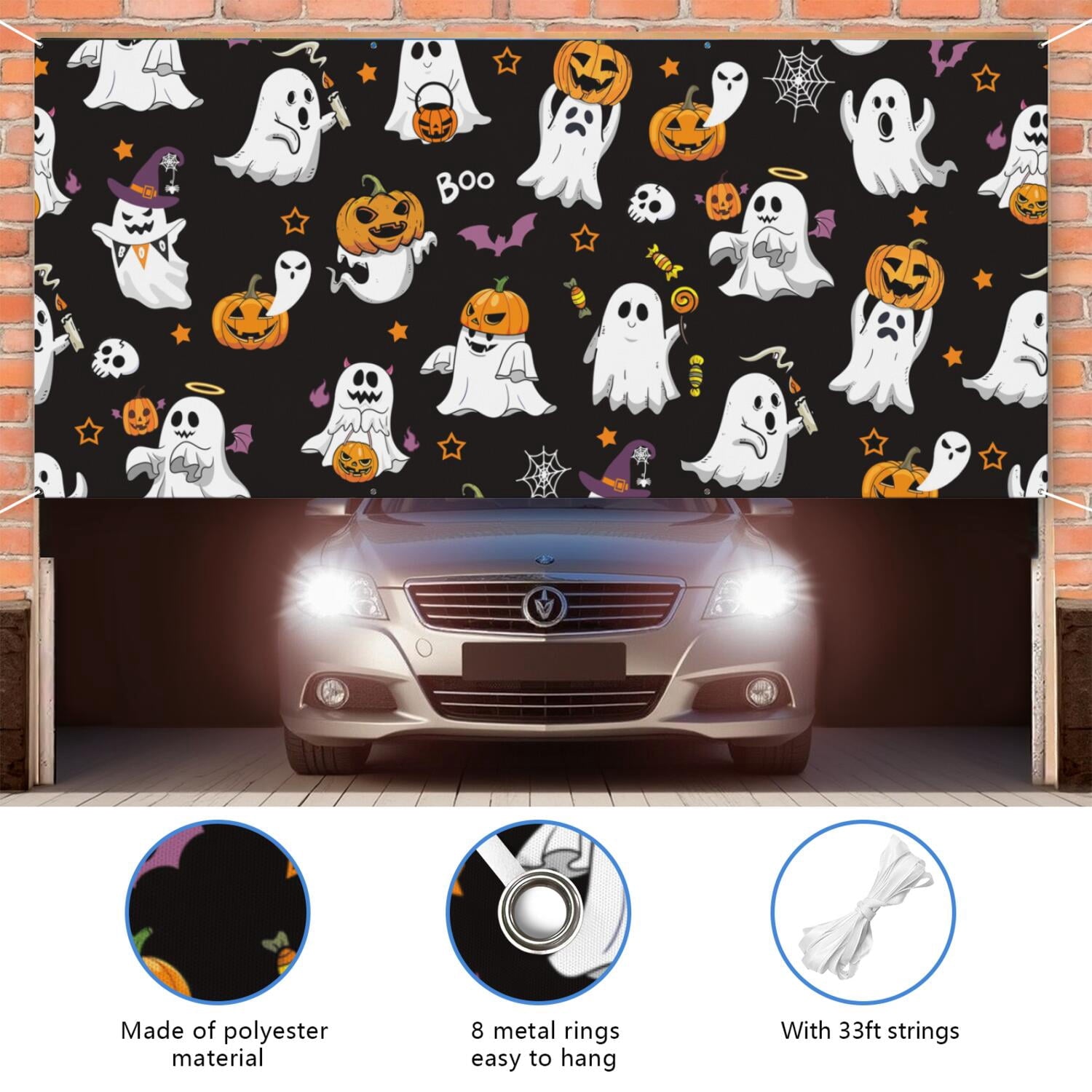 Halloween Garage Door Cover - 13x6ft Spooky Ghost Pumpkin Skull Witch Black Cat Polyester Backdrop for Outdoor Decor