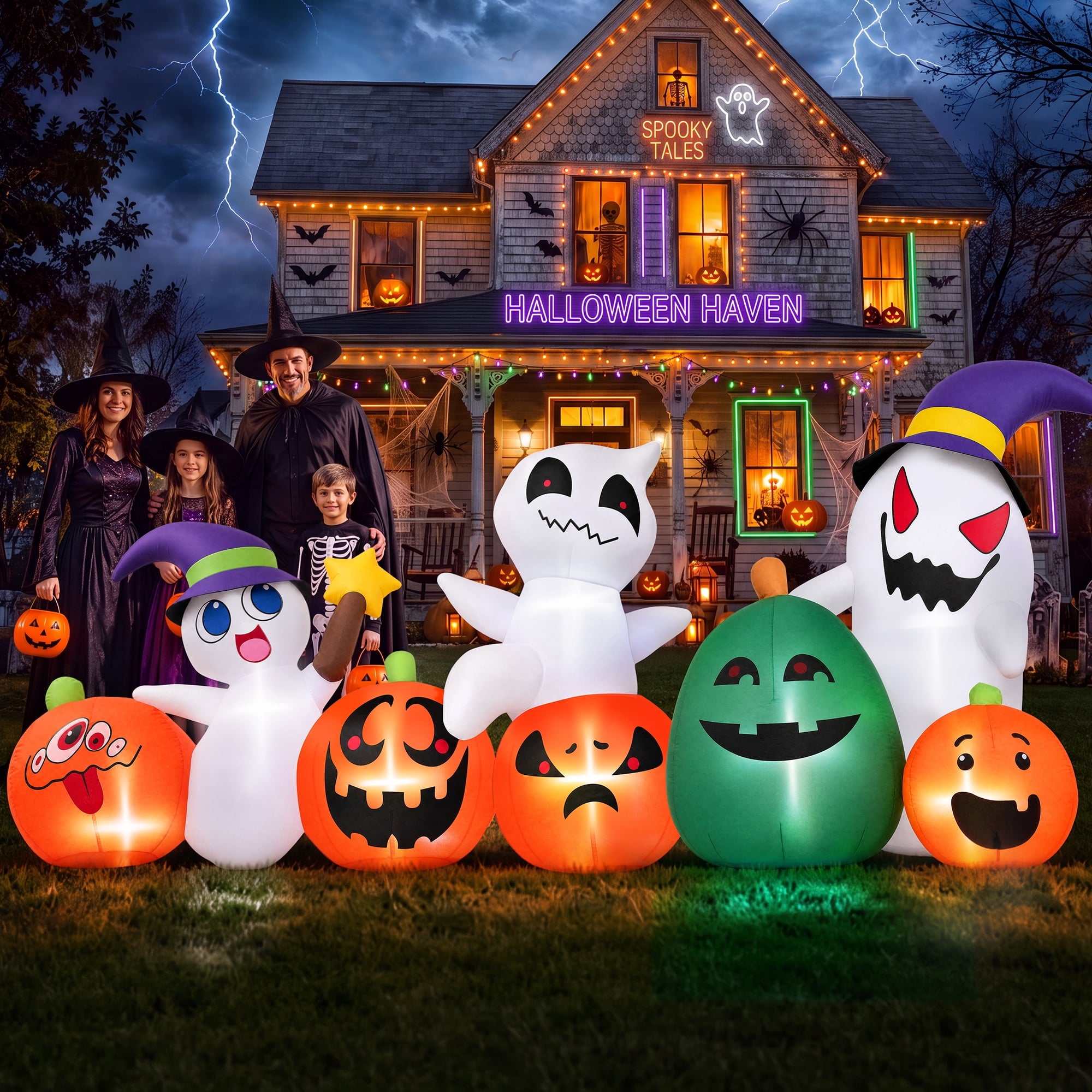 Firstness 7ft Long Halloween Inflatable with Lights,Pumpkin Ghost for Outdoor Decorations