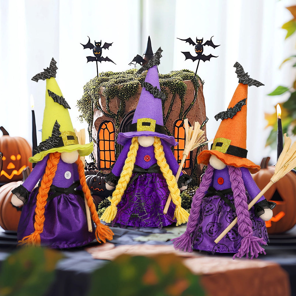 Molumo Halloween Gnomes Decorations Indoor, 3 Packs Handmade Cute Witch Hocus Pocus Halloween Decorations for Home, Office, Party, Funny Halloween Gifts
