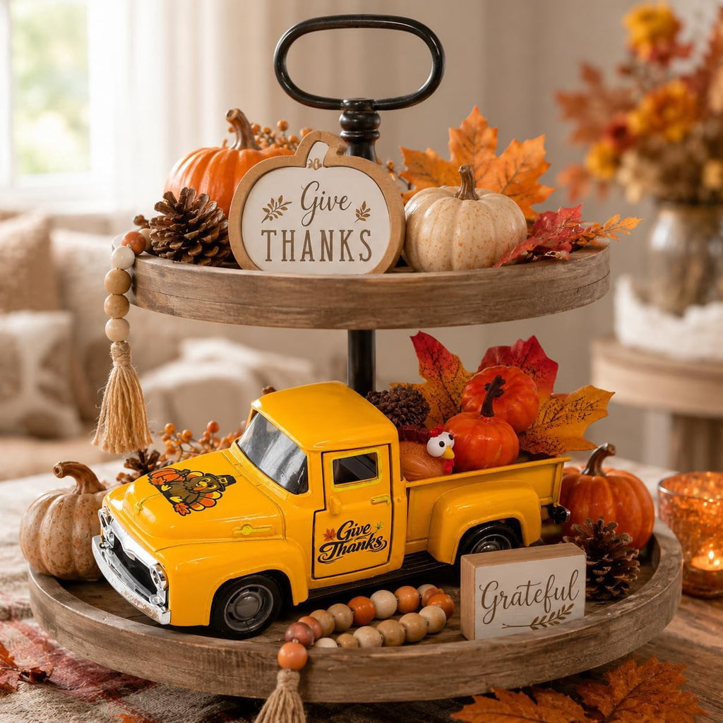 Molumo Halloween Truck Decor - Vintage Pink Pickup Truck with Ghost and Pumpkin Figurines for Halloween Home Tiered Tray Holiday Party Decoration