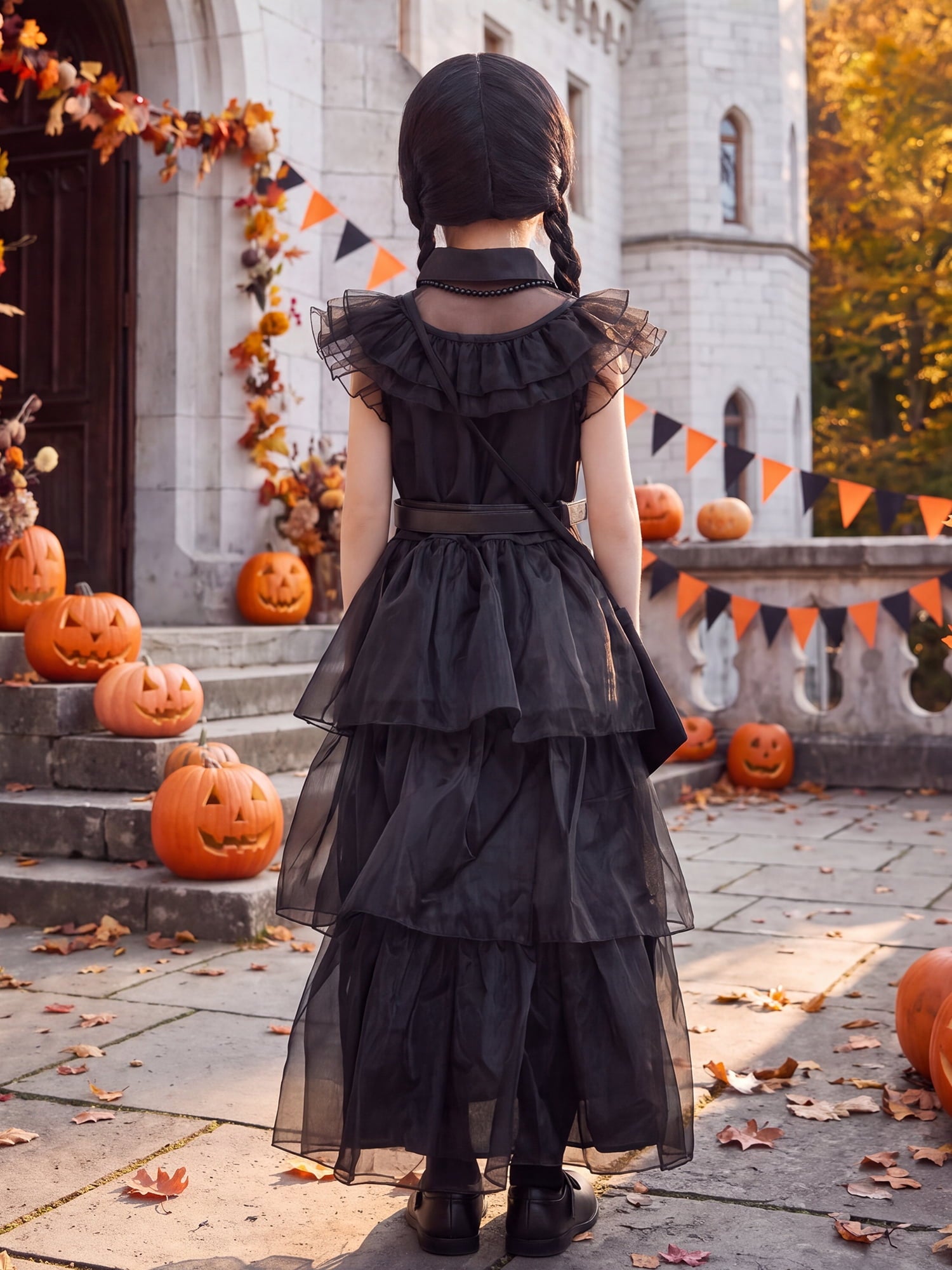 Girls Halloween Costume Fancy Dress with Wig Black for Kids Carnival Party 7-8 Years
