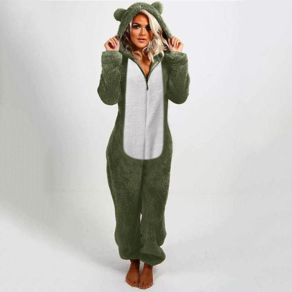 QATAINLAV Sherpa Fleece Jumpsuit for Women Winter Warm Fuzzy Onesie Pajamas Cute Cat Hooded Romper Casual Zip Up Overalls Sleepwear Black XL
