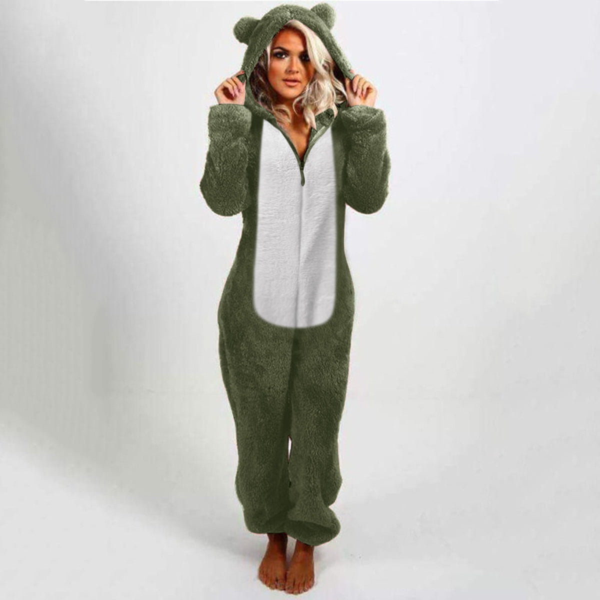 QATAINLAV Sherpa Fleece Jumpsuit for Women Winter Warm Fuzzy Onesie Pajamas Cute Cat Hooded Romper Casual Zip Up Overalls Sleepwear Black XL
