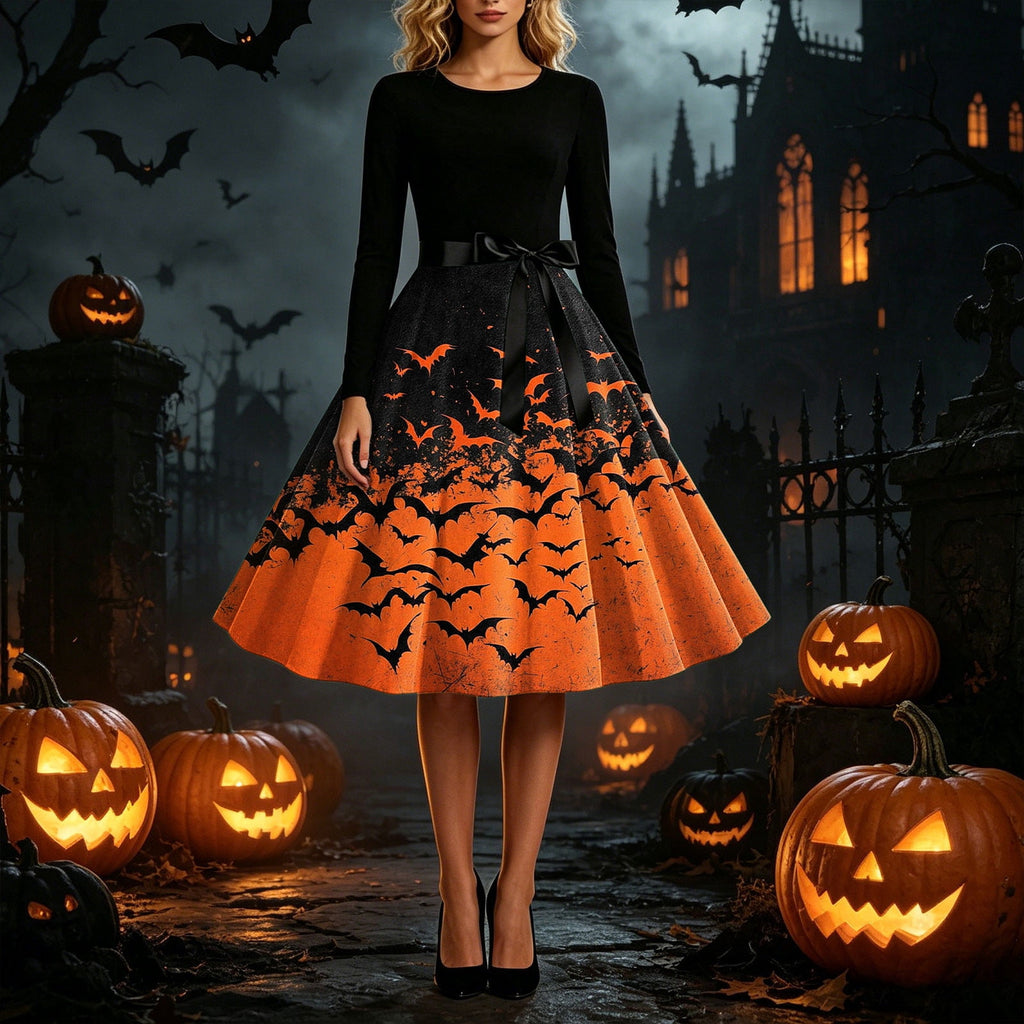 Women's Vintage Halloween Bat Print Swing Dress Long Sleeve 1950s Retro A-Line Midi Dresses with Satin Sash Belt for Gothic Cosplay Evening Prom Party