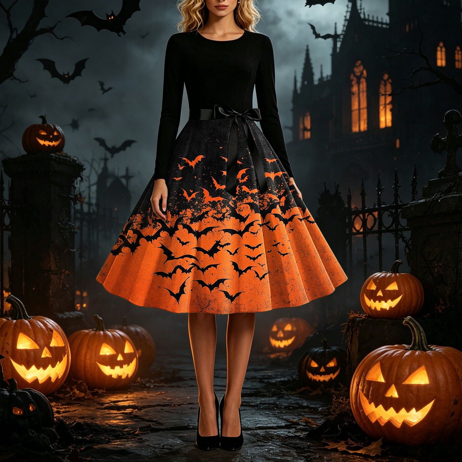 Women's Vintage Halloween Bat Print Swing Dress Long Sleeve 1950s Retro A-Line Midi Dresses with Satin Sash Belt for Gothic Cosplay Evening Prom Party