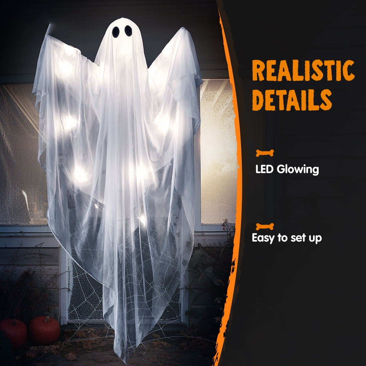 Joyfy 47" Halloween Hanging Light up Ghost Decorations Outdoor,White Ghosts with Blue LED Light and Timer Halloween Hanging Decoration Waterproof for Front Yard Patio Lawn