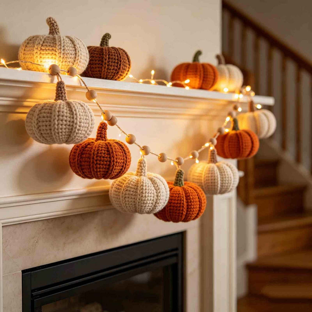 Clearance Fall Knit Pumpkin String Light Wreath, Hand Crochet Multicolor Garland With Wooden Beads, Cozy Odor-Free Cotton Yarn Fall, Thanksgiving and Halloween Decor