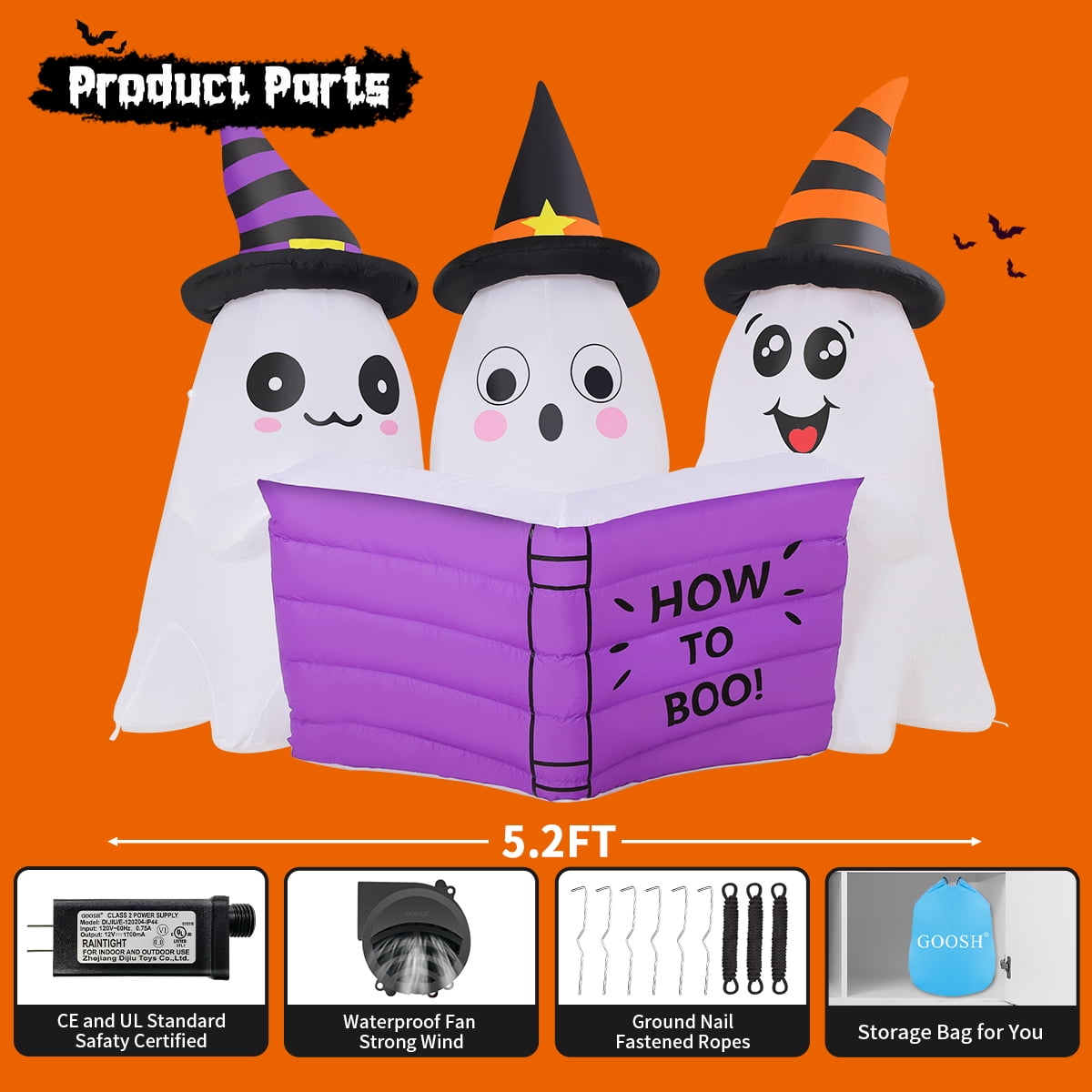 GOOSH Halloween Inflatables 5.2 FT Long Inflatable Ghosts Reading Book with Built-in LED Lights, Cute Ghost Inflatable Blow up Ghost Wearing Witch Hat, Outdoor Halloween Decorations for Holiday Party