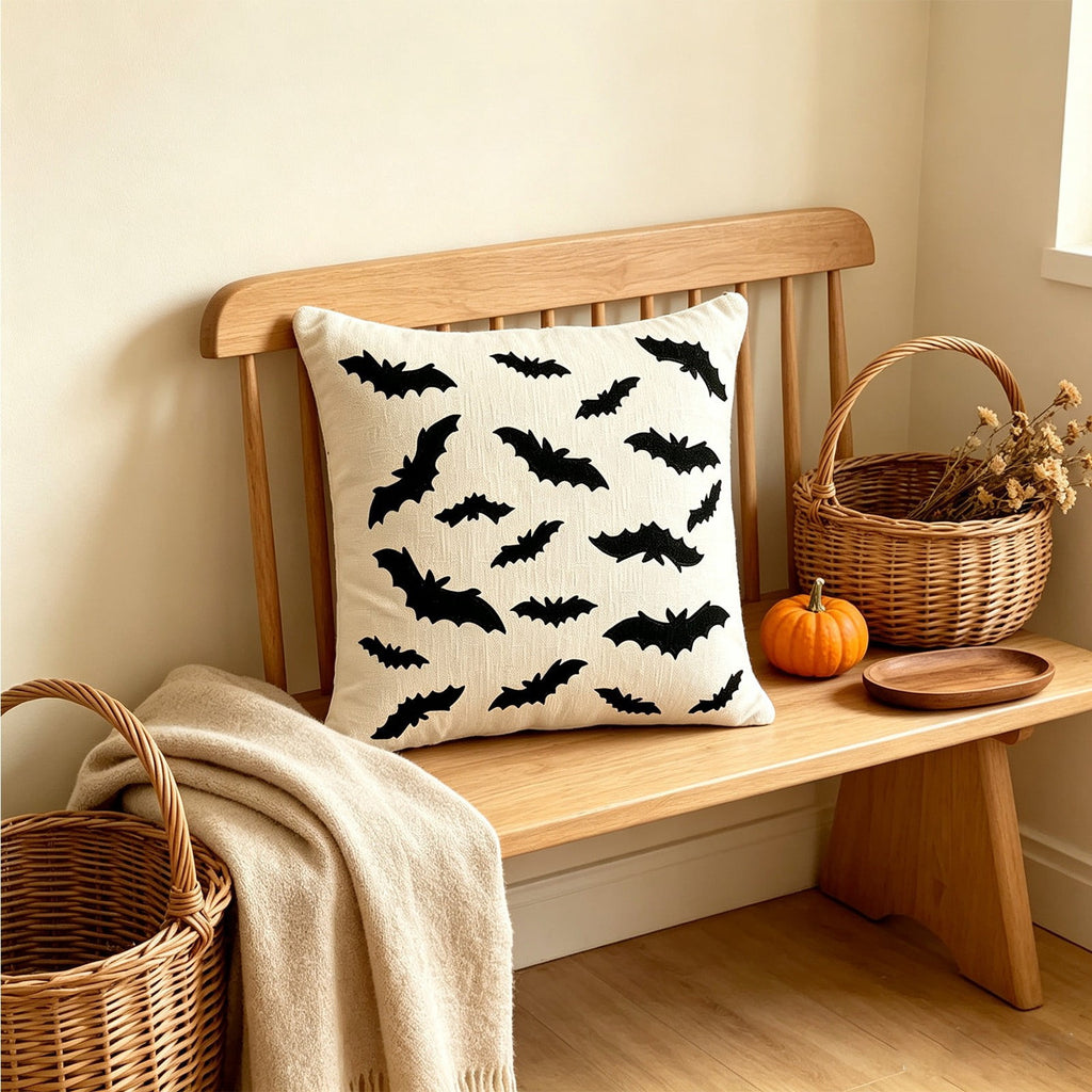 Yeciiwht Halloween Throw Pillow Cover – 18*18inch Embroidered Linen Cushion Case with Ghost, Mummy & Bat Designs, Invisible Zipper, Machine Washable