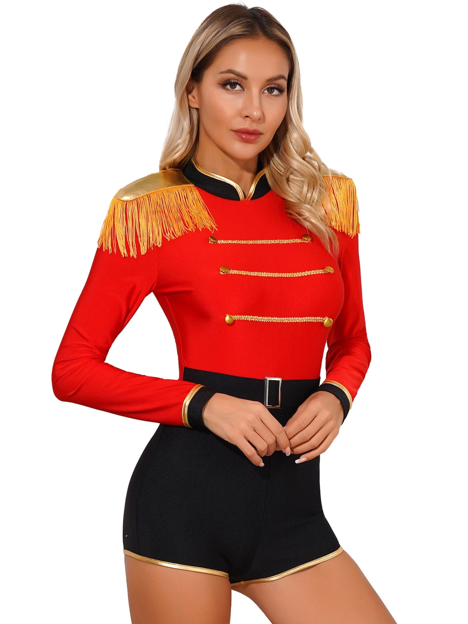 Haitryli Women's Circus Ringmaster Costume Tassel Leotard Bodysuit Halloween Cosplay Party Outfits Red L
