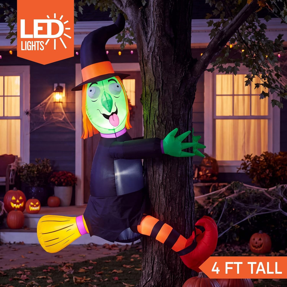 Joyfy 4 FT Halloween Inflatables Witch Crashing Into Tree,LED Lighted Blow Up Yard Decoration for Outdoor Garden Lawn Party Decor