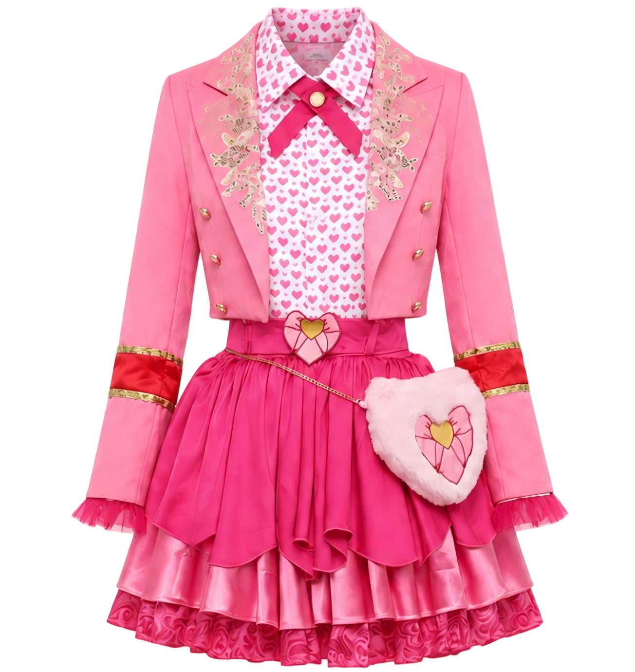 Satmonnus Women's Pink Princess Costume Set, Adult Halloween Cosplay Outfit with Heart Print Jacket, Layered Skirt & Fuzzy Bag, Fancy Dress Up for Themed Parties