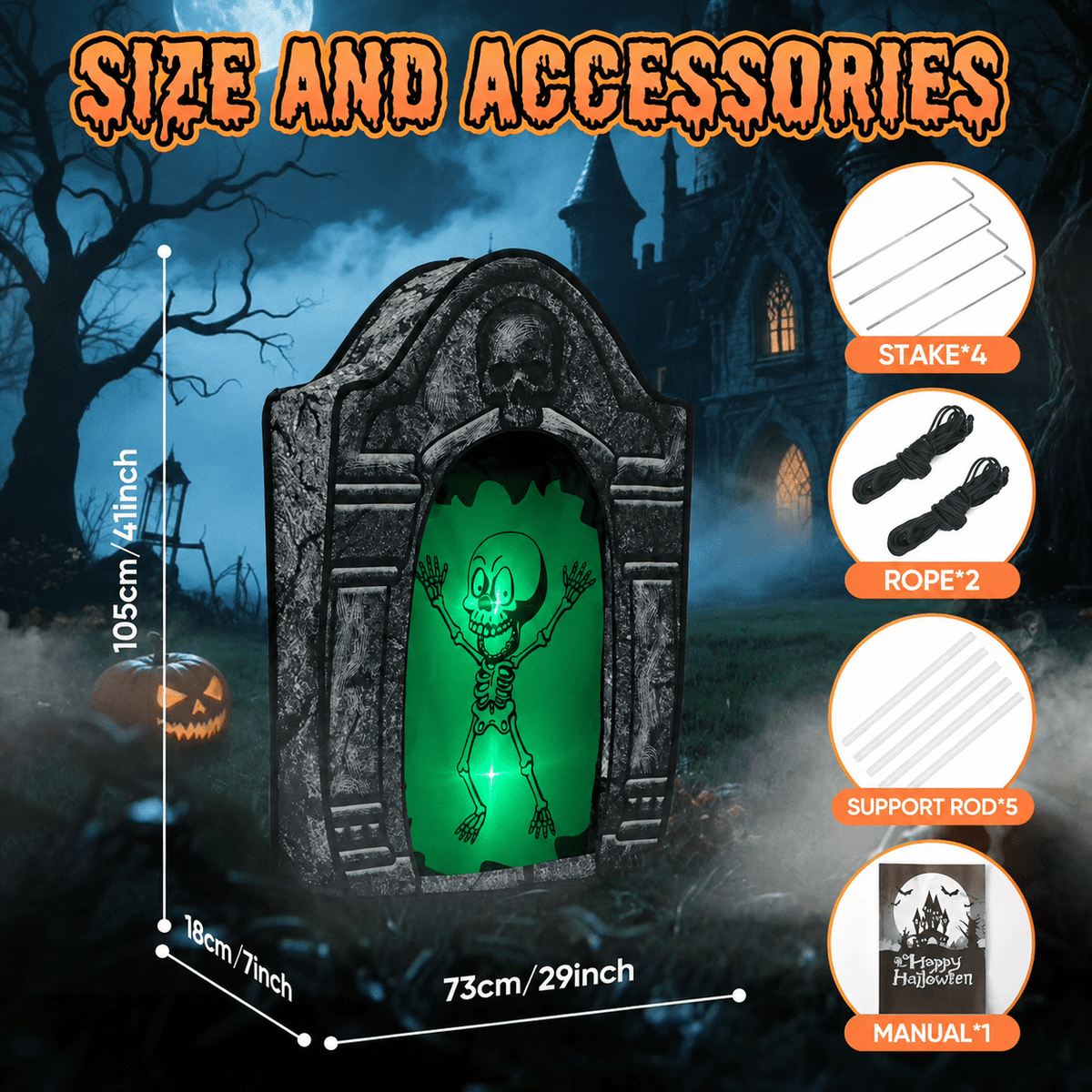 Wondiair 41" Halloween Tombstone with Lighted Skeleton, Outdoor Halloween Graveyard Decoration for Yard, Lawn, Porch & Haunted House