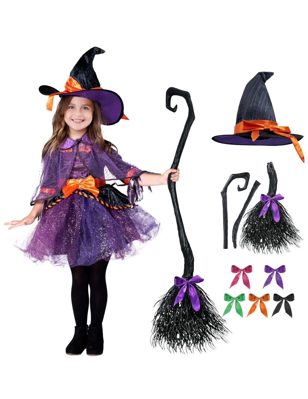 Joyfy Witch Costume for Girls, Purple Witch Dress with Broom Hat for Kids and Toddlers Halloween Dress up Parties