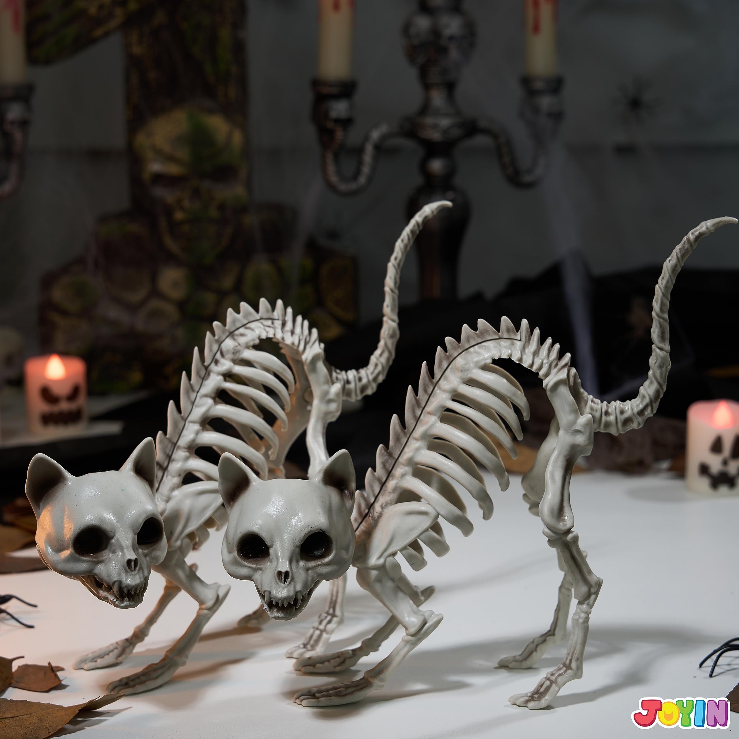 Joyfy 2 Pcs Cat Skeleton Halloween Decoration,7 Inch Posable Plastic Animals Halloween Skeleton for Indoor Outdoor Halloween Decorations,Haunted House Party Props
