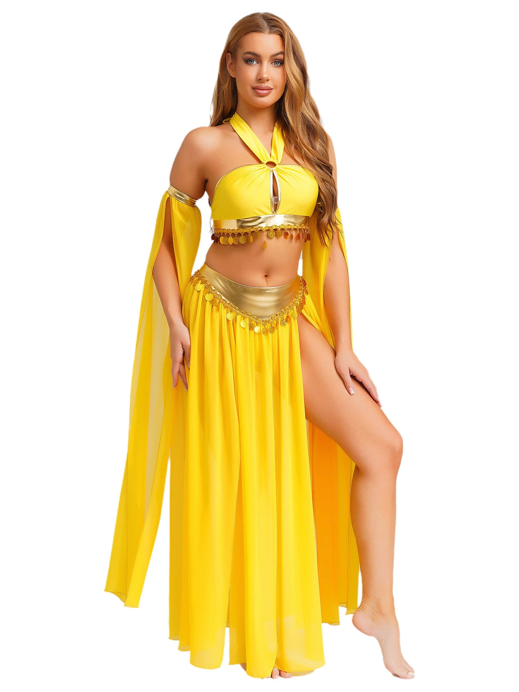 iiniim Women Belly Dance Dress Arabian Greek Princess Halloween Costume Chiffon Skirts 4piece Outfit Green L
