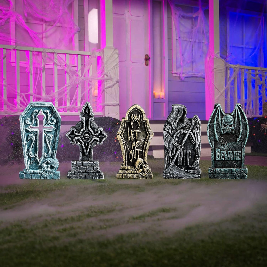 Joyfy 17" Halloween 5 Pack Tombstone Decorations, Foam RIP Graveyard Signs Cemetery Headstones Scary Outdoor Indoor Halloween Decor with 12 Metal Stakes for Easy Set Up, Waterproof for Garden Lawn