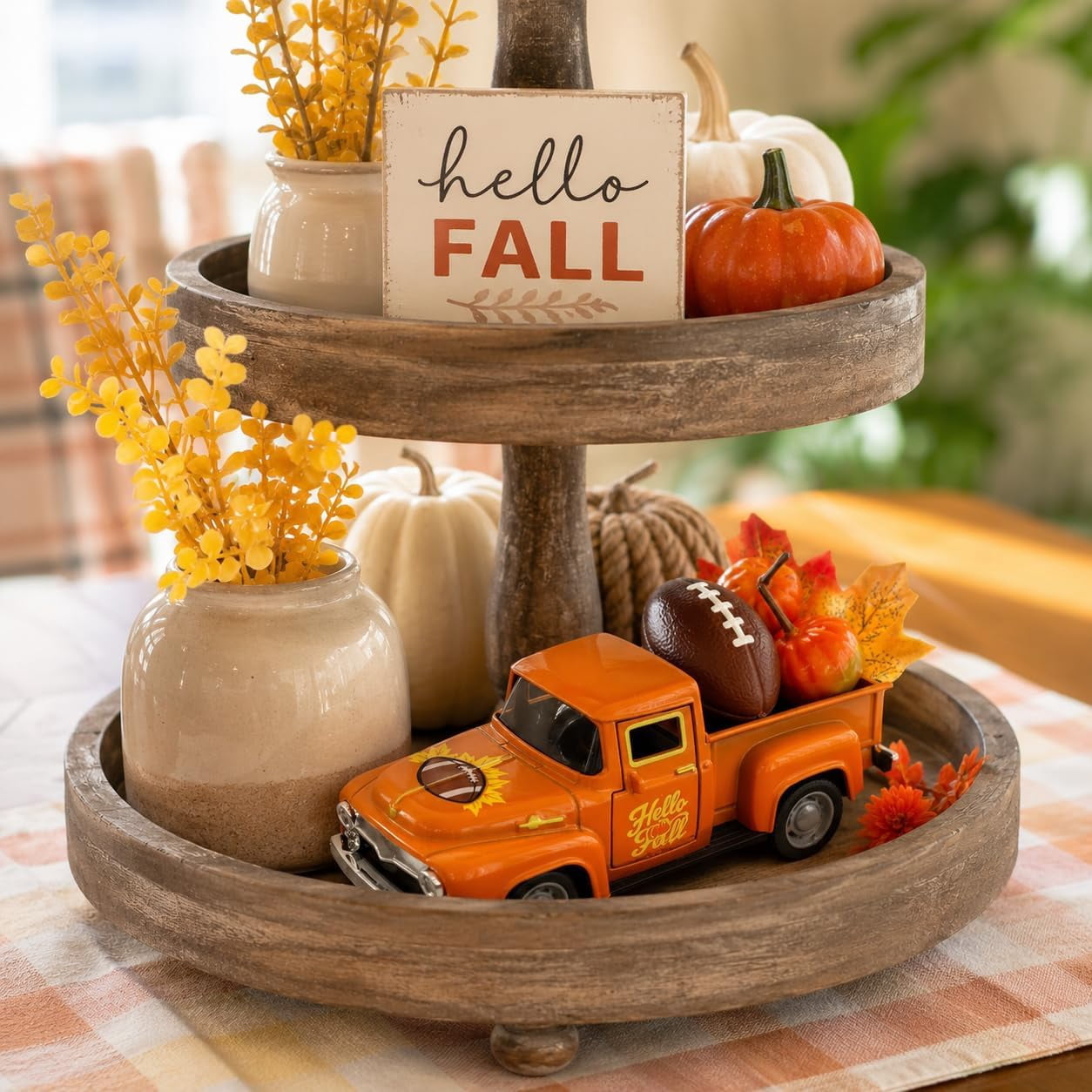 Molumo Halloween Truck Decor - Vintage Pink Pickup Truck with Ghost and Pumpkin Figurines for Halloween Home Tiered Tray Holiday Party Decoration