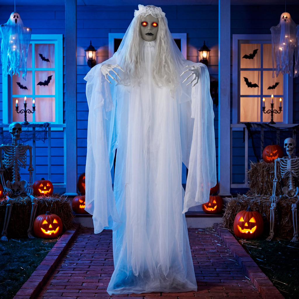 Joyfy 67" Standing Grim Reaper with Chain, Large Halloween Decorations Outdoor, Life Size Animatronics Skelton, Sound-Actived Party Decor with Creepy Sound & LED Eyes, Scary Haunted House Props