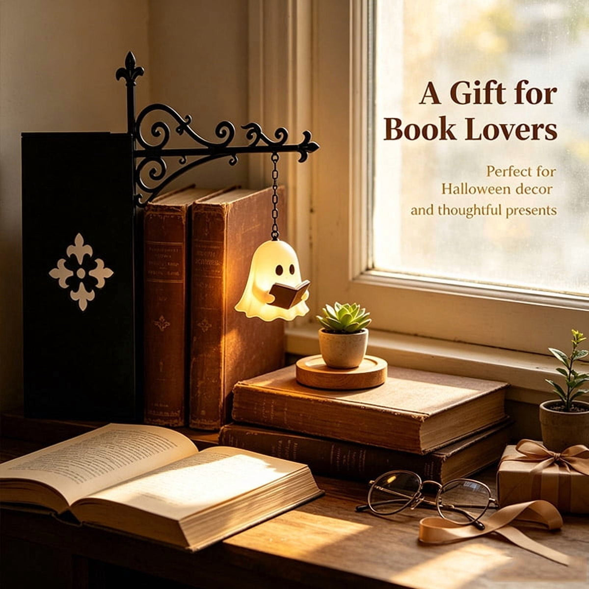 Halloween Ghost Library Lantern Decorative Bookshelf Lighting, Reading Book Shelf Lights for Study Reading Corner Home Library Gift for Book Lovers Bookworms