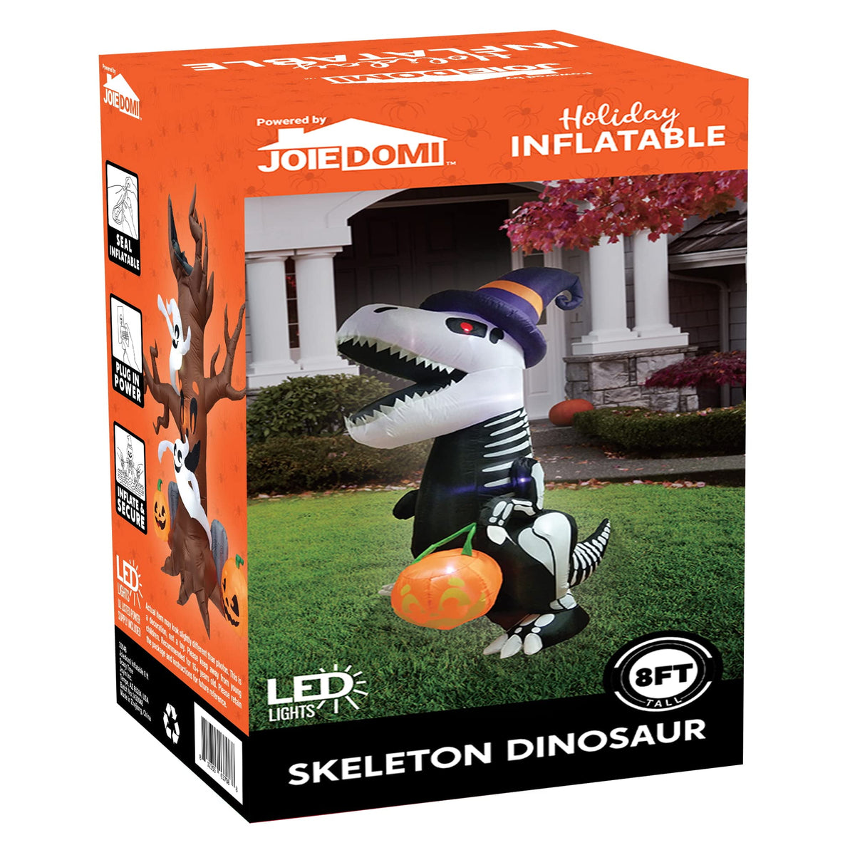 Joyfy 8 FT Halloween Inflatable Skeleton Dinosaur with Build-in LEDs Pumpkin Decorations,Halloween Outdoor Decorations Blow up Yard Decorations