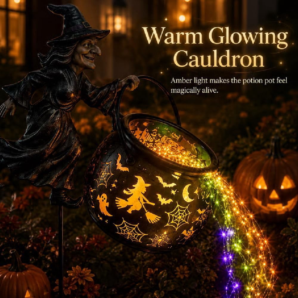 Light up Halloween Decor - Witch Cauldron Garden Light with Stake, Multicolor Potion Cascade & Cutout Shadow Projection, Outdoor Yard for Porch Lawn Patio, Party & Seasonal Display