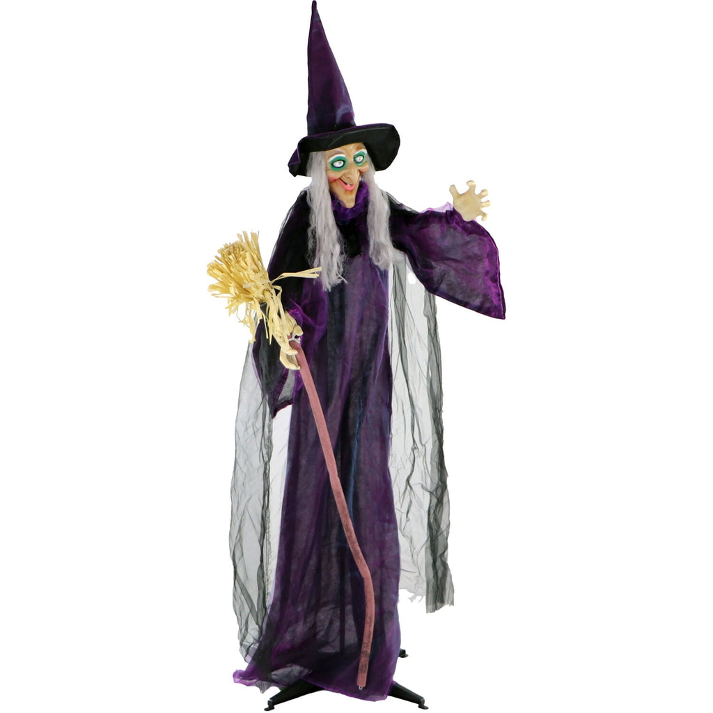 Haunted Hill Farm Life-Size Animated Talking Witch w/ Broomstick, 6 ft Halloween Decoration, HHWITCH-5FLSA