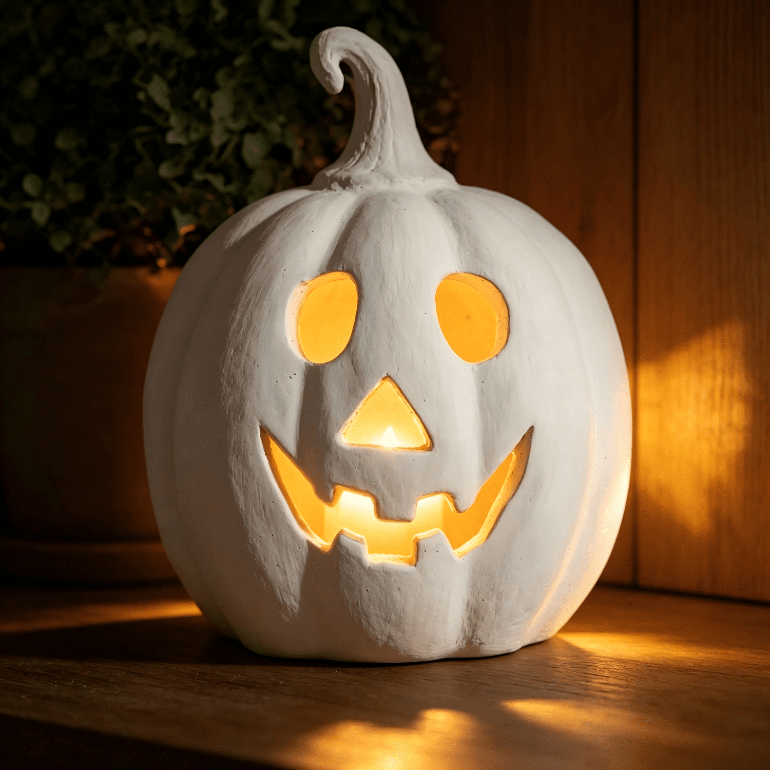Fall Decorations for Home - Halloween Decor Indoor - 7.87" H White Handmade Resin Pumpkin Jack O' Lantern with Flameless Candle - Outdoor Decoration for Front Door Porch Mantel Kitchen Living Room