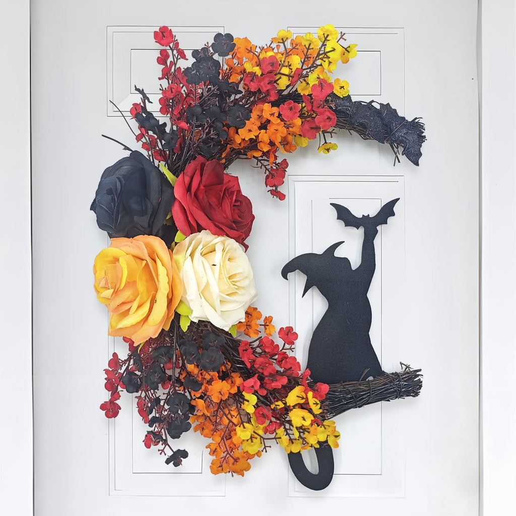 Fall Wreath 16" Halloween Wreaths for Front Door with Witch Cat Moon Decor-Cute Door Wreath Wall Decor for Fall Thanksgiving Halloween
