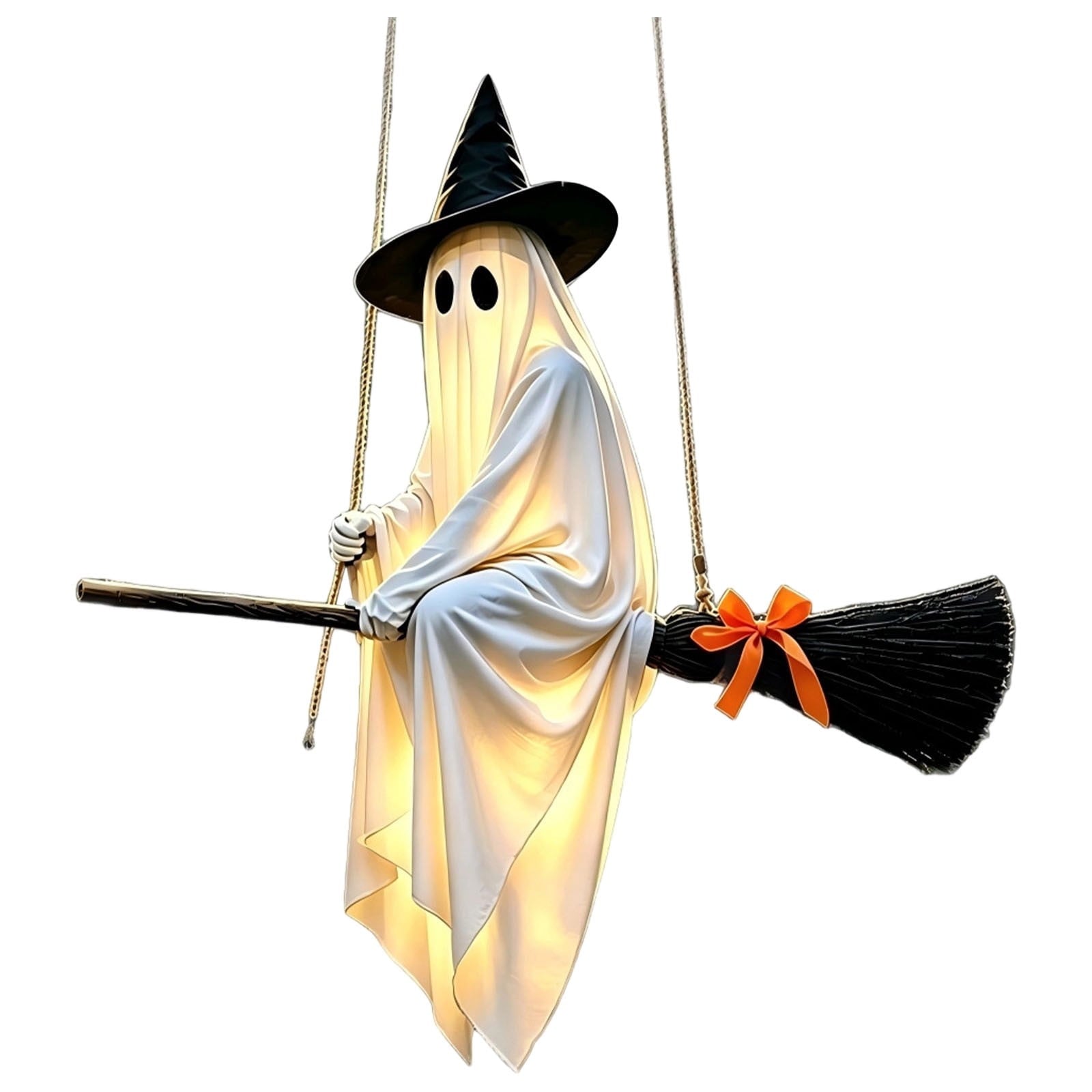 Outdoor Halloween Decorations Large Hanging Ghost and Witch Broom with Lights, Spooky and Cute Ghost Decor for the Front Porch, Yard