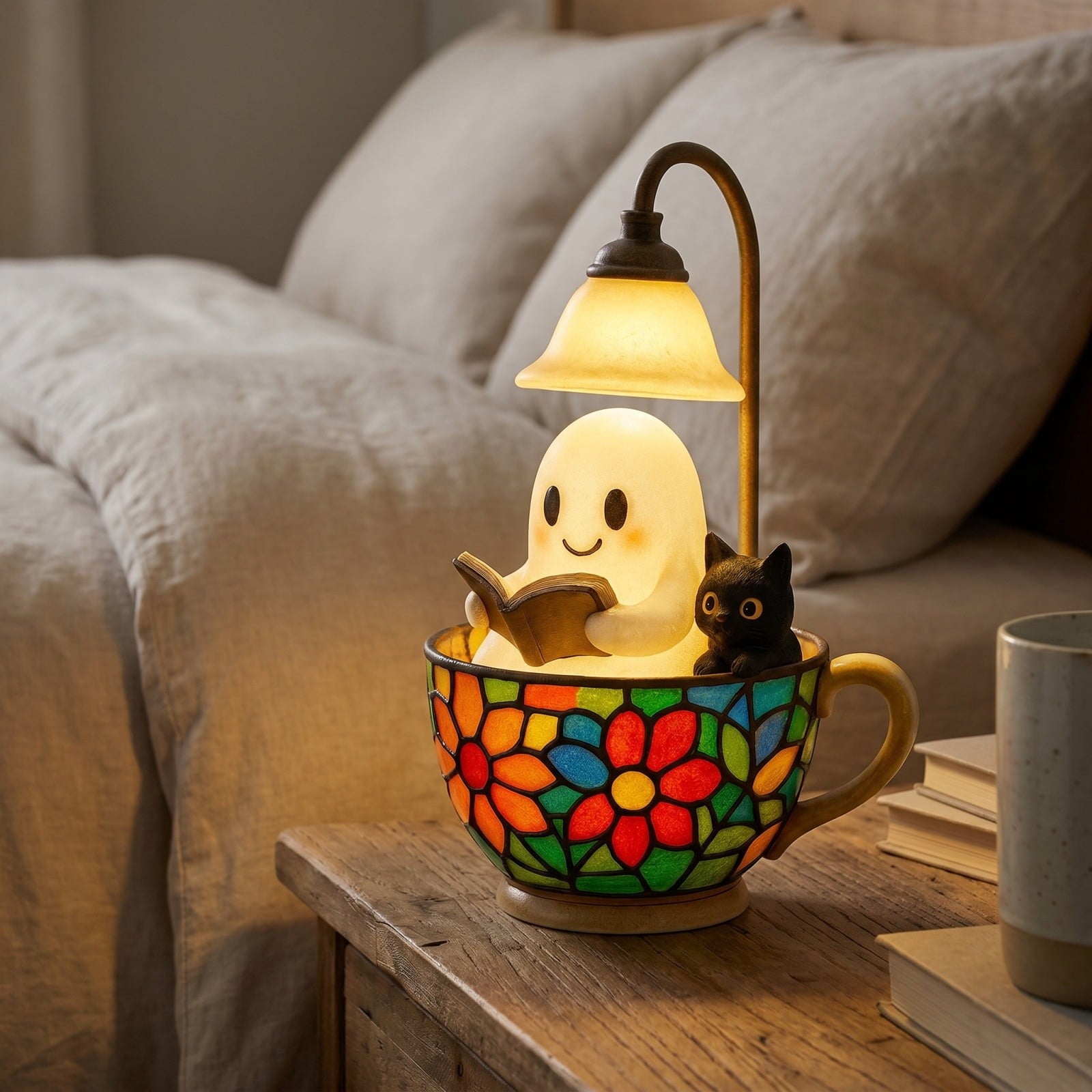 Fwttom Ghost Night Light, Halloween Lights Cute Ghost Reading Book Lamp, Halloween Decorations Indoor Light Up Ghost Statue Ghost Light for House Mantel Bedside