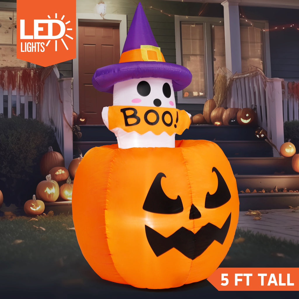 Joyfy 5 ft Halloween Inflatable Animated Cat on Pumpkin,Halloween Outdoor Decoration with LED Lights,Blow Up Decoration for Yard & Lawn,Party