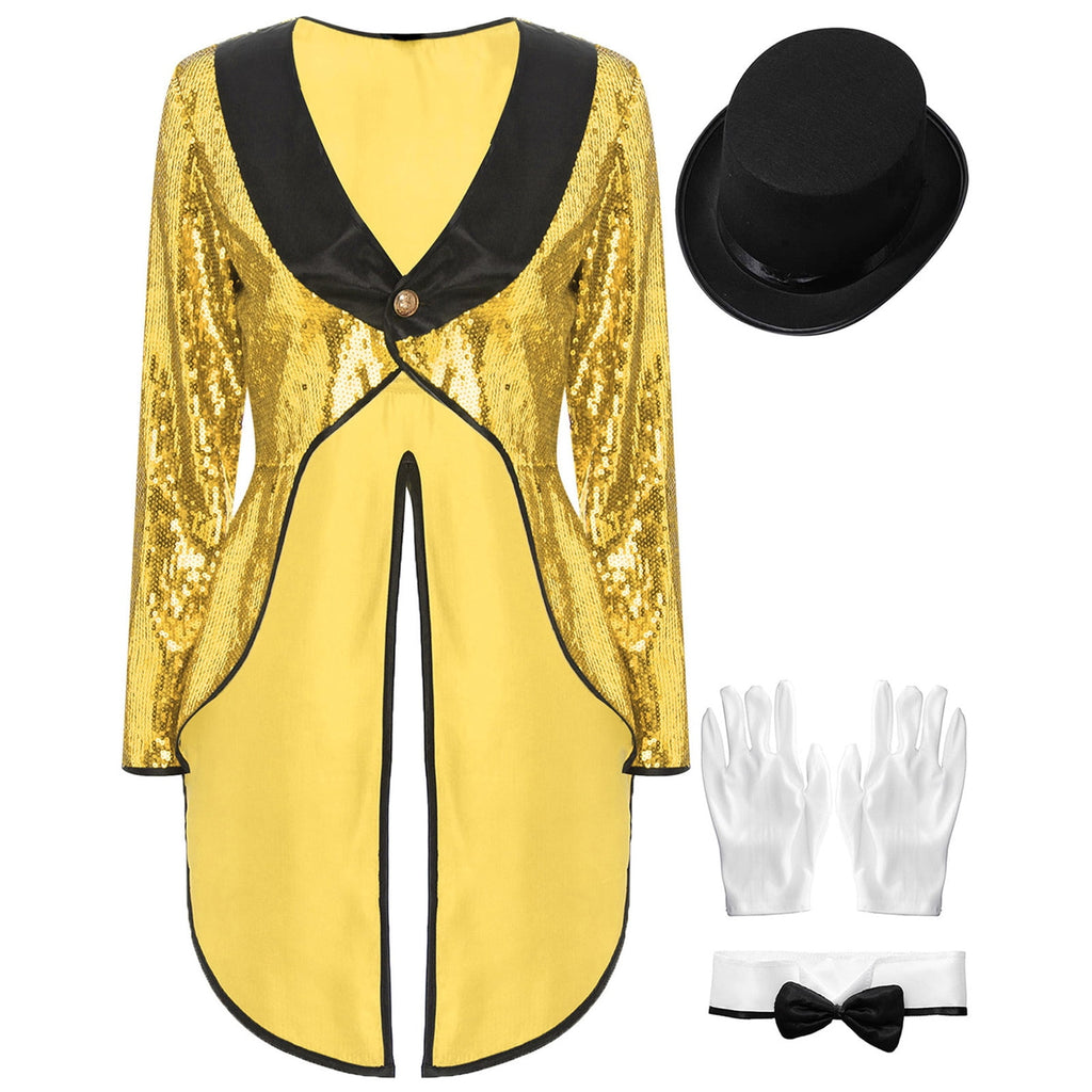 iiniim Women Magician Cosplay Sequin Tailcoat Circus Showman One-Button Tuxedo Jacket Outfits Red M