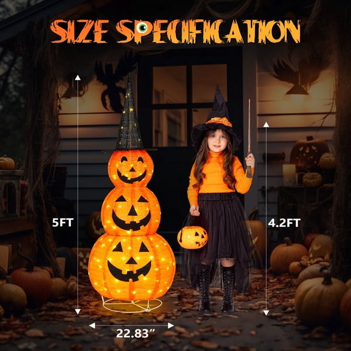 Alvantor 5 ft Lighted 3-Tier Pop-Up Pumpkin Halloween Decoration with Witch Hat and 100 LED Lights, Orange and Black