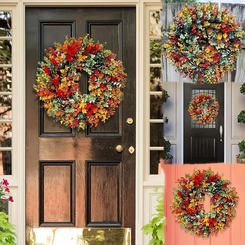 Artificial Fall Wreaths for Front Door Rustic Autumn Wreath with Pumpkin,Rose,Berry Branchesm,Mixed Leaves Thanksgiving Wreath Fall Door Wreath for Halloween Thanksgiving Indoor Outdoor Decor (B17.7)