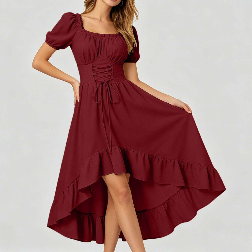 Gothic Dresses for Women Medieval Renaissance Halloween Costume Lace Up Corset High Low Ruffle Hem Square Neck Vintage Gown
