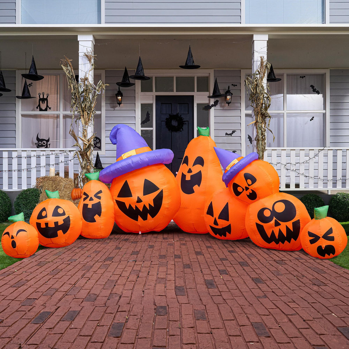 Joyfy 7 ft Halloween Inflatable Long Pumpkin with Witch's Cat Decorations Inflatables with Build-in LEDs,Halloween Decor Outdoor Blow Up Yard Decorations