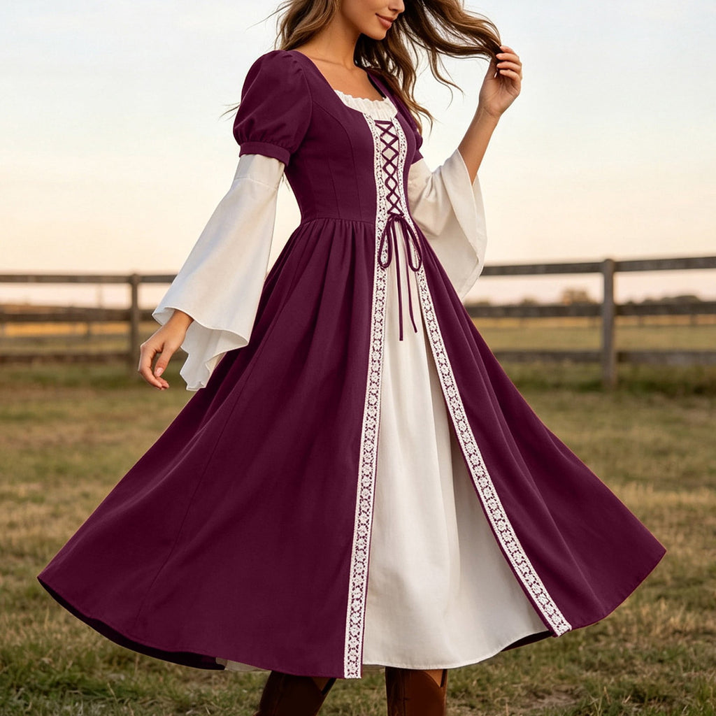 Hurxie Renaissance Costume Women Peasant Medieval Dress Maxi Fairy Dresses with Bell Sleeve Vintage Ren Faire Outfit