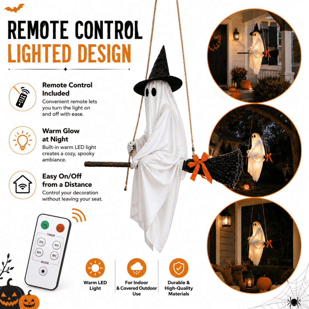 LIGHTED HANGING GHOST WITCH HALLOWEEN DECORATION Floating White Ghost With Black Witch Hat Rustic Broom And Orange Bow Warm Glow