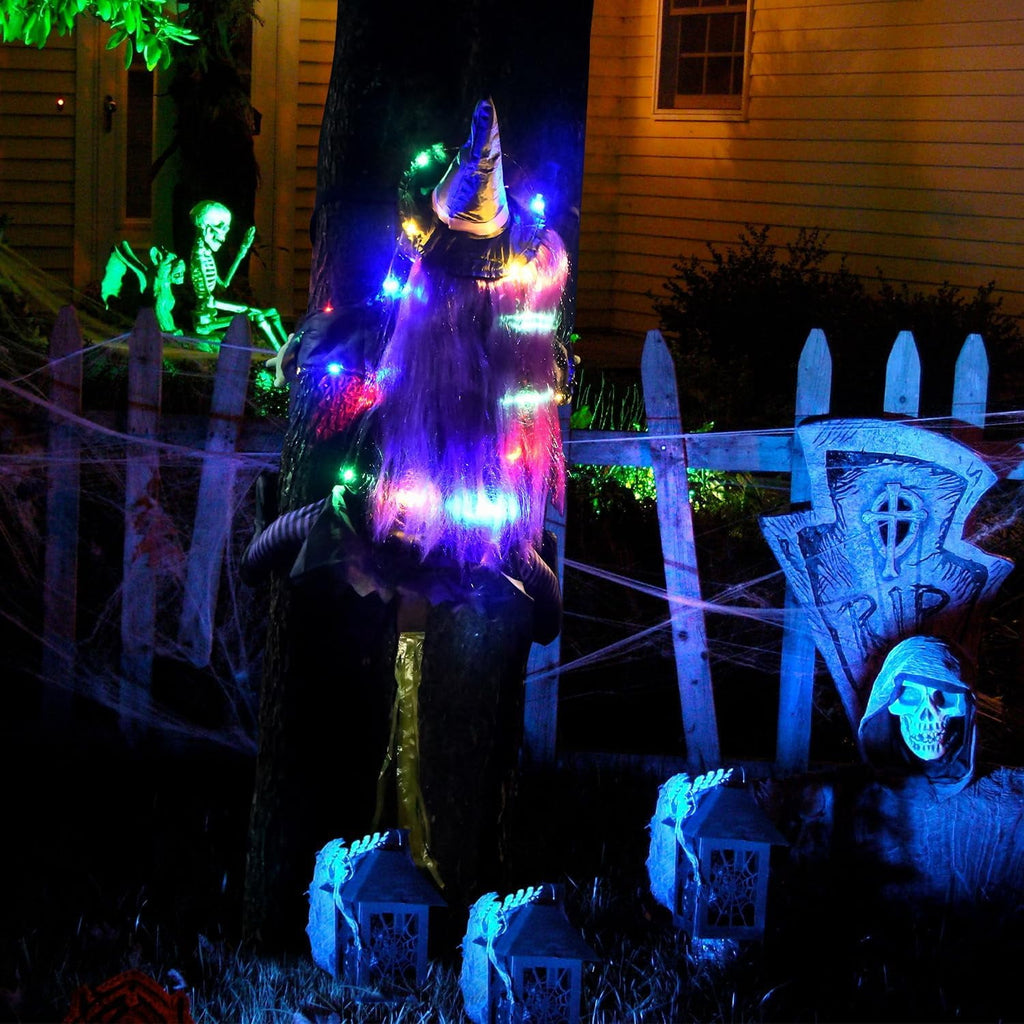 DAKIMOE Halloween Decoration Outdoor Witches Crashing Into Tree with Colorful LED Lights Crashed Witch Props Halloween Hanging Decorations for Indoor House Outdoor Yard Patio Decor 44''x33'' Orange