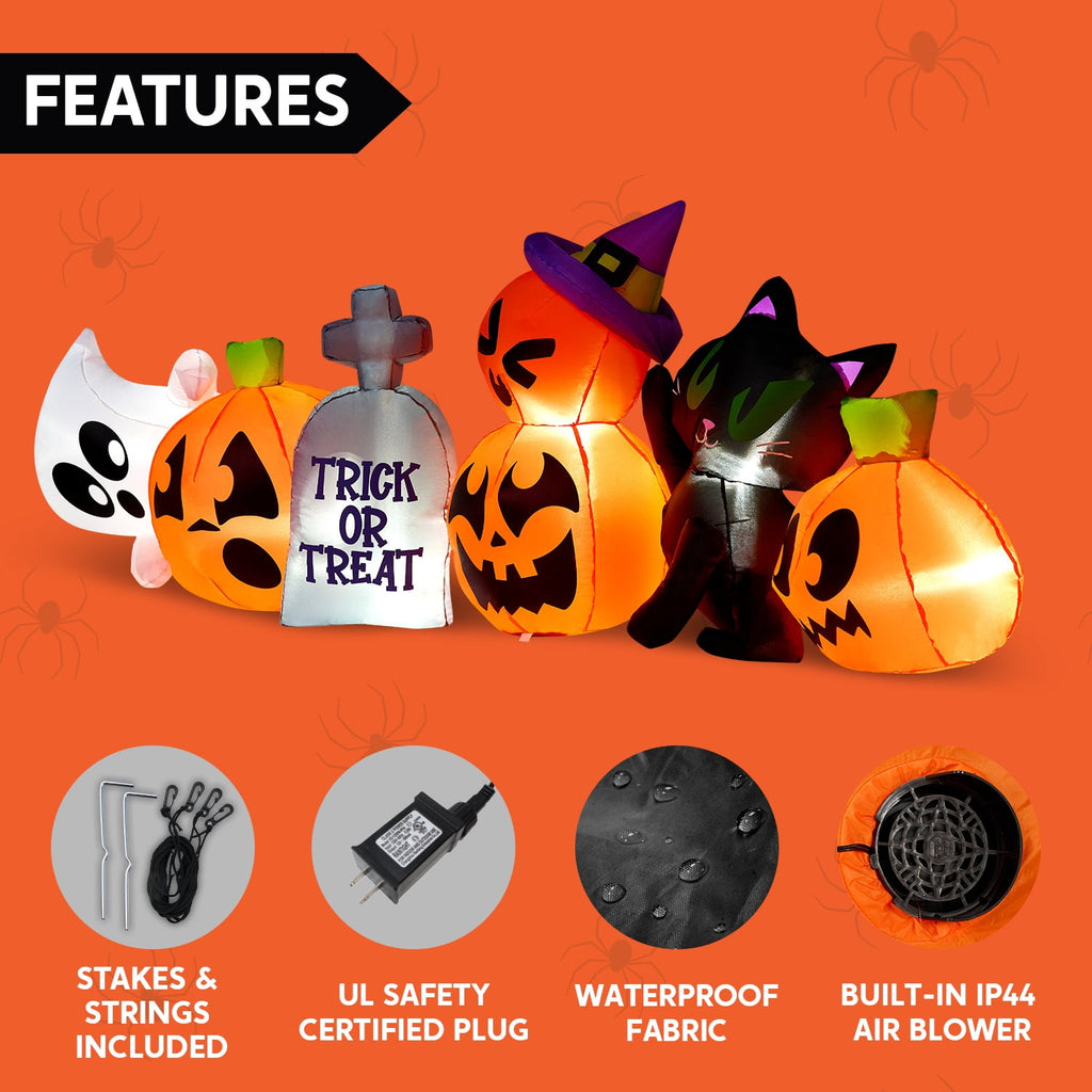 Joyfy 7 ft Halloween Inflatable Long Pumpkin with Witch's Cat Decorations Inflatables with Build-in LEDs,Halloween Decor Outdoor Blow Up Yard Decorations