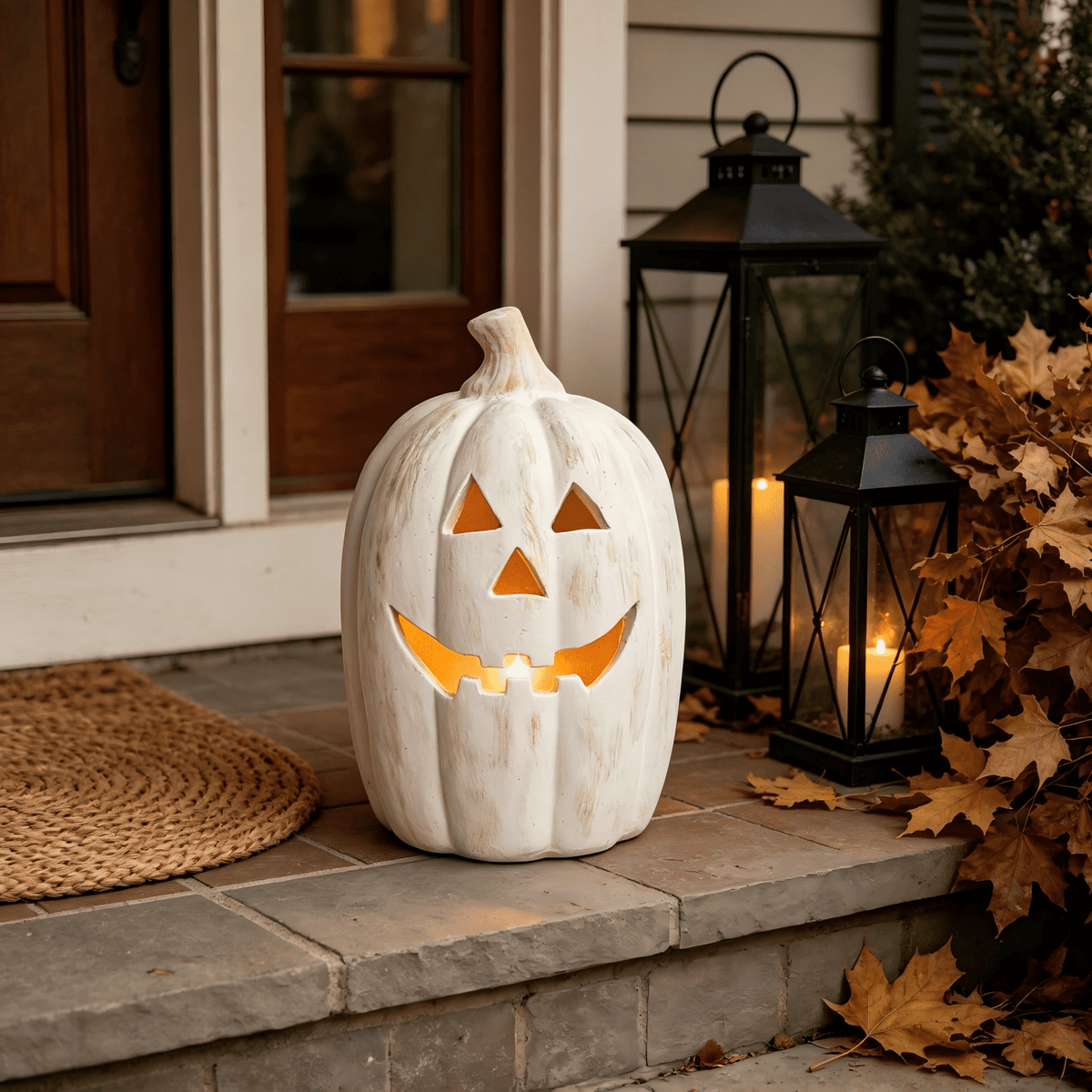 Fall Decorations for Home - Halloween Decor Indoor - 7.87" H White Handmade Resin Pumpkin Jack O' Lantern with Flameless Candle - Outdoor Decoration for Front Door Porch Mantel Kitchen Living Room