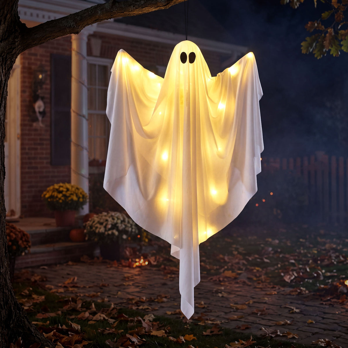 Joyfy 47" Halloween Hanging Light up Ghost Decorations Outdoor,White Ghosts with Blue LED Light and Timer Halloween Hanging Decoration Waterproof for Front Yard Patio Lawn
