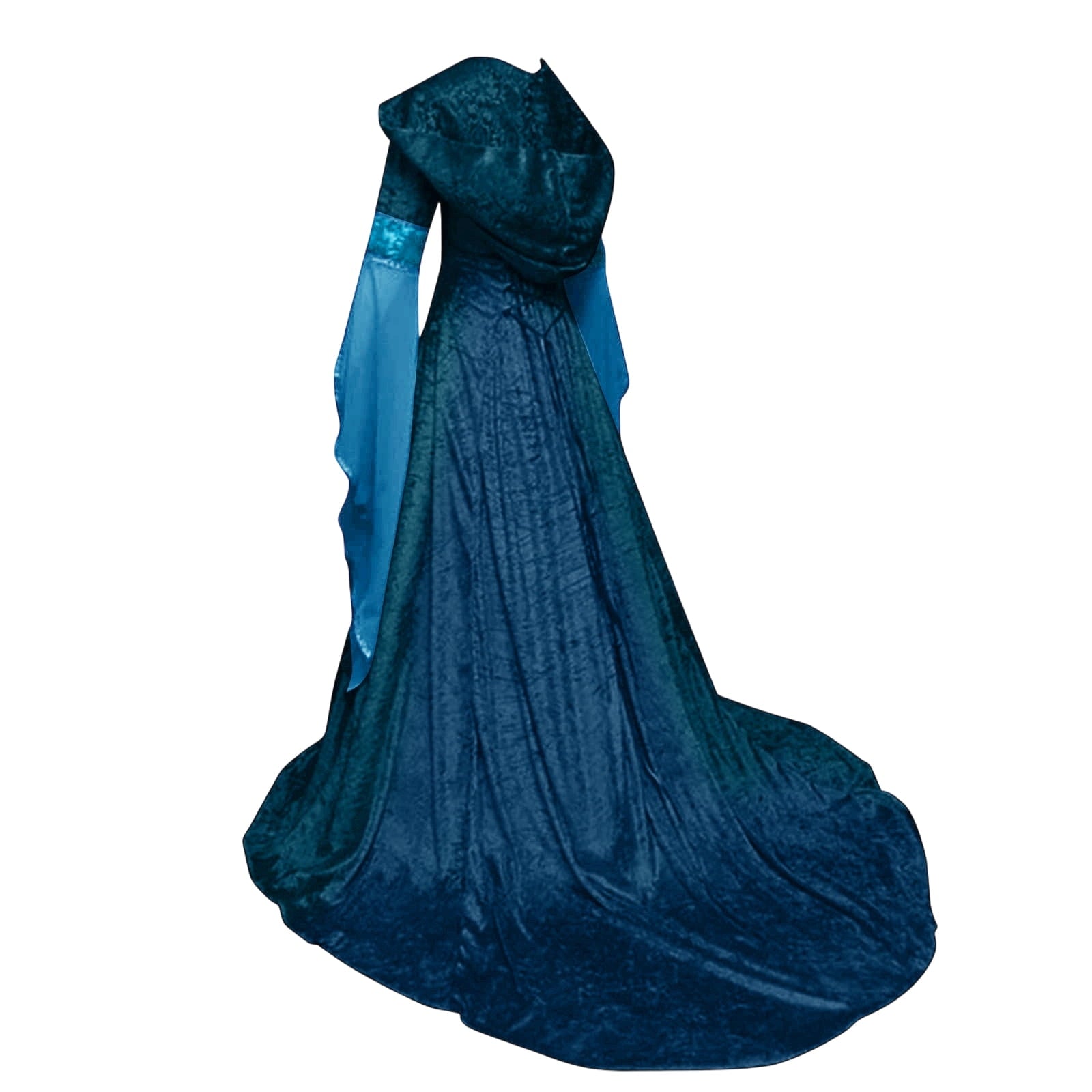 Medieval Renaissance Hooded Dress for Women, Silver Gothic Witch Costume with Lace-Up Corset, Vintage Velvet Long Sleeve Gown for Halloween Cosplay Renaissance Wedding Themed Party-Dark Blue/L