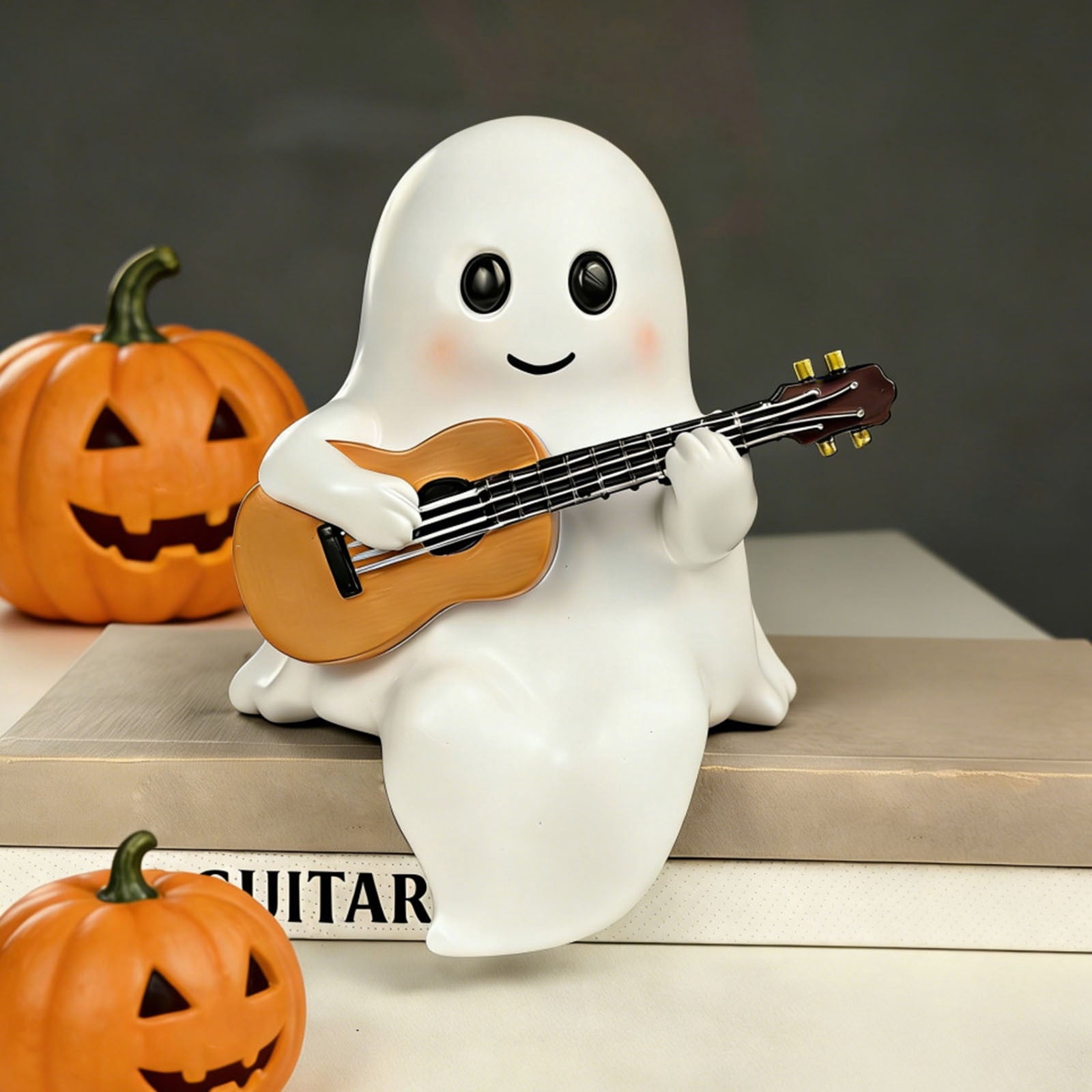 Clearance Ghost Night Light with Guitar USB Powered LED Lamp, Warm White Glow, Resin, Cute Kawaii Figurine, Bedroom Nightlight Gifts